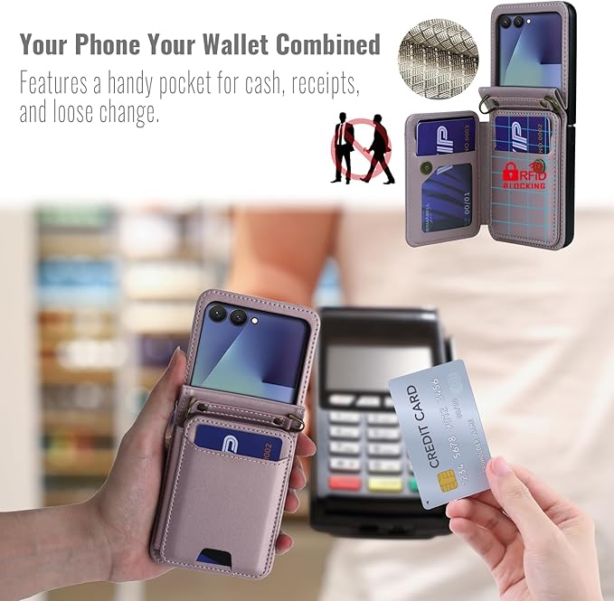 ASAPDOS for Samsung Galaxy Z Flip 7 PU Leather Wallet Phone Case with Card Slots (Holds 5 Cards), Anti-Drop Protection, Wrist & Shoulder Strap Gold