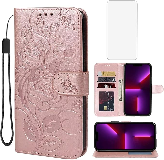 for iPhone 13 Case, iPhone 14 Wallet Case with Tempered Glass Screen Protector, Flower Leather Flip Protective Case Credit Card Holder Stand Phone Cover for iPhone 14 Rose Gold