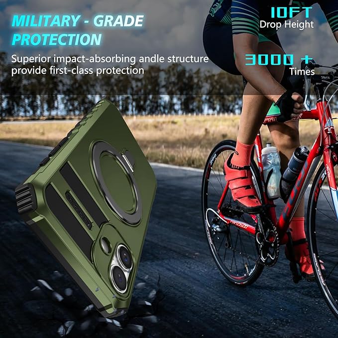 for iPhone 16 Case Magnetic Compatible with MagSafe Wireless Charging,with 2 Screen Protectors,Built-in Kickstand Ring,Shockproof Shock-Absorbent Scratch Resistant Heavy Duty Protection Green