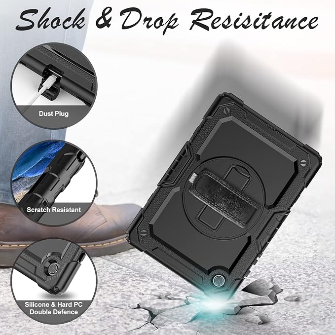Case for Samsung Galaxy Tab A8 10.5-inch Tablet Case 2022 [with Tempered Glass Screen Protector], 360° Rotatable Kickstand/Hand & Shoulder Strap/S Pen Holder (Black)
