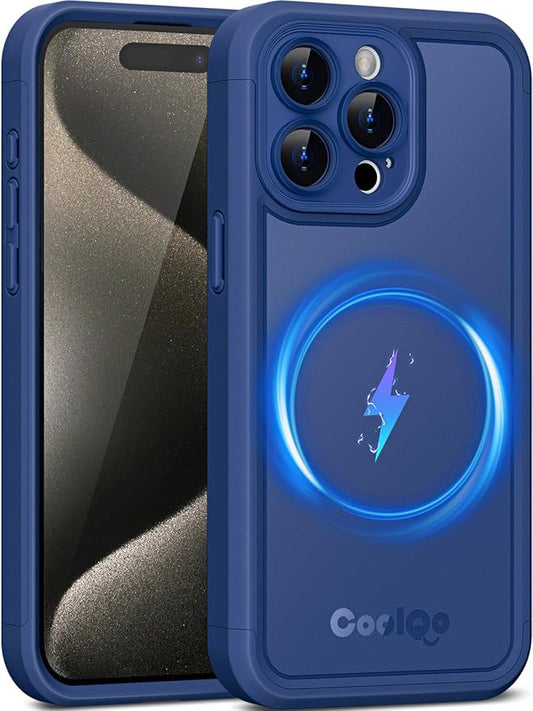 COOLQO Magnetic for iPhone 15 Pro Max Case, Compatible with MagSafe, Dual Layer Design Military Grade Protection, Translucent Matte Scratch-Resistant Back Protective Shockproof Phone Case, Blue