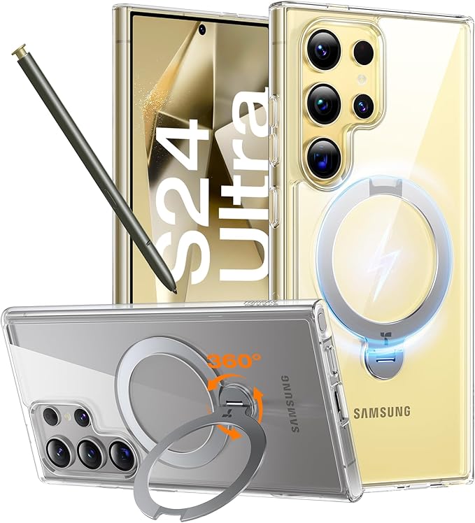 TORRAS 360° Spin Magnetic Stand for Samsung Galaxy S24 Ultra Case, Fit for Magsafe, Hard PC S24 Ultra Phone Case with Kickstand & Ring Holder, Transparent Clear