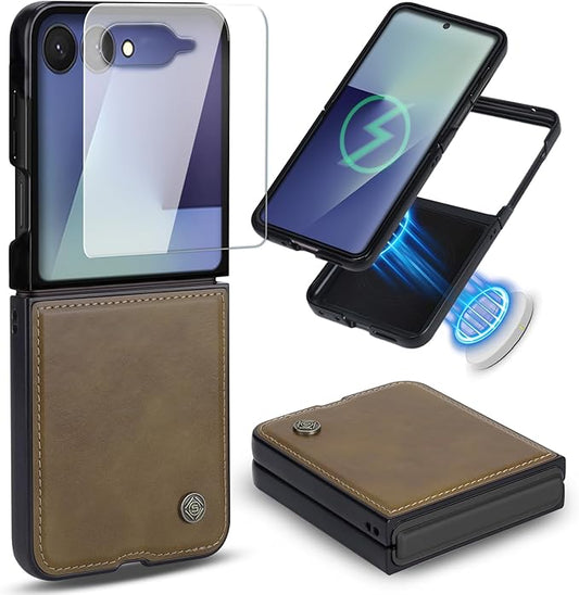 ASAPDOS Leather Folio Magnetic Case for Samsung Galaxy Z Flip 7 [Compatible with MagSafe],Built-in Screen Protector and PU Leather Thin Slim Protective Case Cover Light Brown