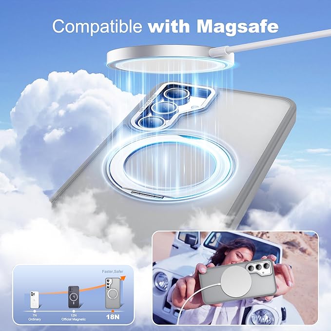 for Samsung Galaxy S24 FE Case with 360° Rotatable Magnetic Ring Stand Compatible with Mag-Safe Military Protection Shockproof Matte Translucent Phone Cases for S24 FE,Gray