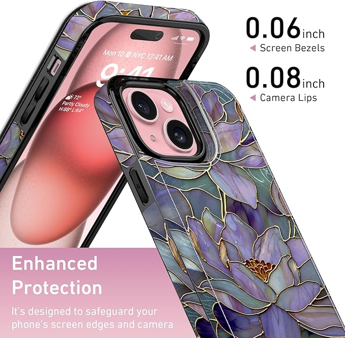 FUNMIKO for iPhone 15 Plus Wallet Case with Card Holder, RFID-Blocking, Military-Grade Protection & UV-Printed Artwork, Magnetic Closure with Leather Kickstand - Dreamy Lotus