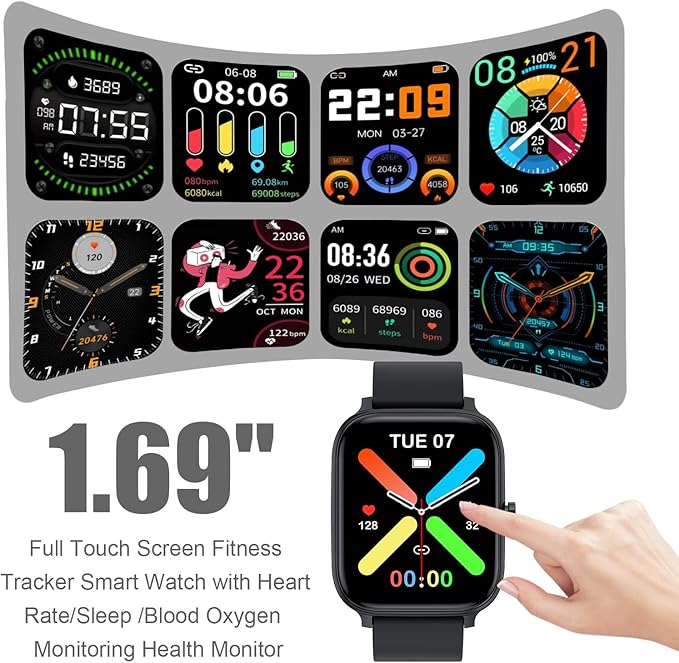 Smart Watch for Men Women Compatible with iPhone Samsung Android Phone 1.83 inch Full Touch Screen IP68 Waterproof Bluetooh Fitness Tracker Heart Rate/Sleep Monitor, Black