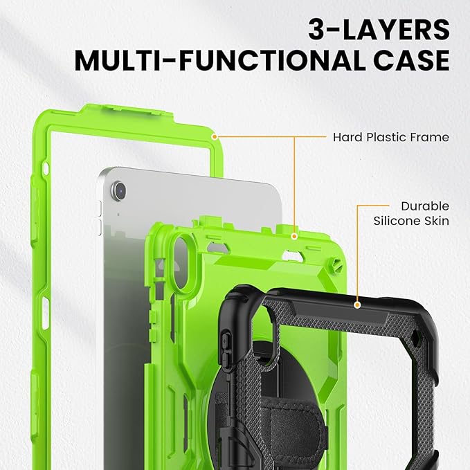timecity for iPad (A16) 11th/ 10th Generation Case 11''/ 10.9 Inch (2025/2022) - Heavy Duty Protective Cover with Screen Protector, Stand, Shoulder Strap & Pencil Holder | Kids-Friendly - Green