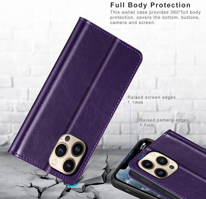 Belemay Compatible with iPhone 14 Pro Max Case Wallet-Genuine Leather Flip Case-RFID Blocking Card Holder-Shockproof TPU Shell Folio Cover Women Men Compatible with iPhone 14 Pro Max (6.7-inch) Purple