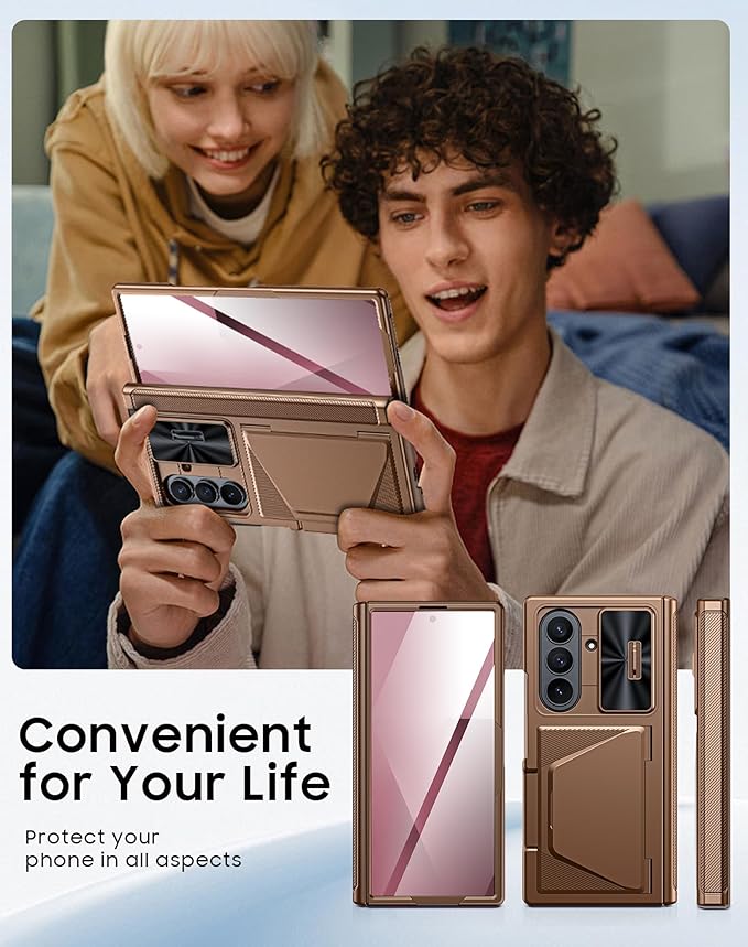 for Samsung Galaxy Z Fold 7 Case with Card Holder RFID Blocking, Built in Slide Lens Cover & Hinge Protection & Screen Protector, Shockproof Wallet Case for Z Fold 7 (Desert Gold)