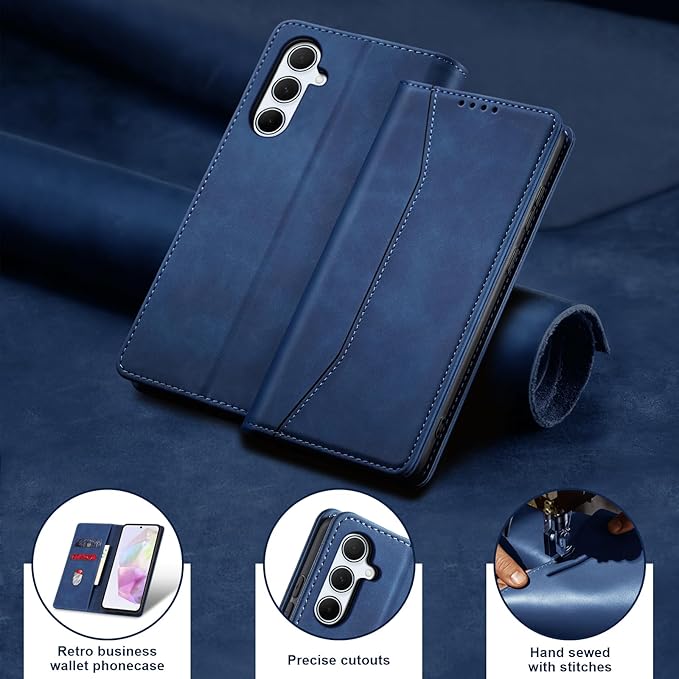 Jasonyu Flip Wallet Case for Samsung Galaxy A35,Leather Magnetic Folio Cover with Card Holder,Kickstand - TPU Shockproof Durable Protective Phone Case,Blue