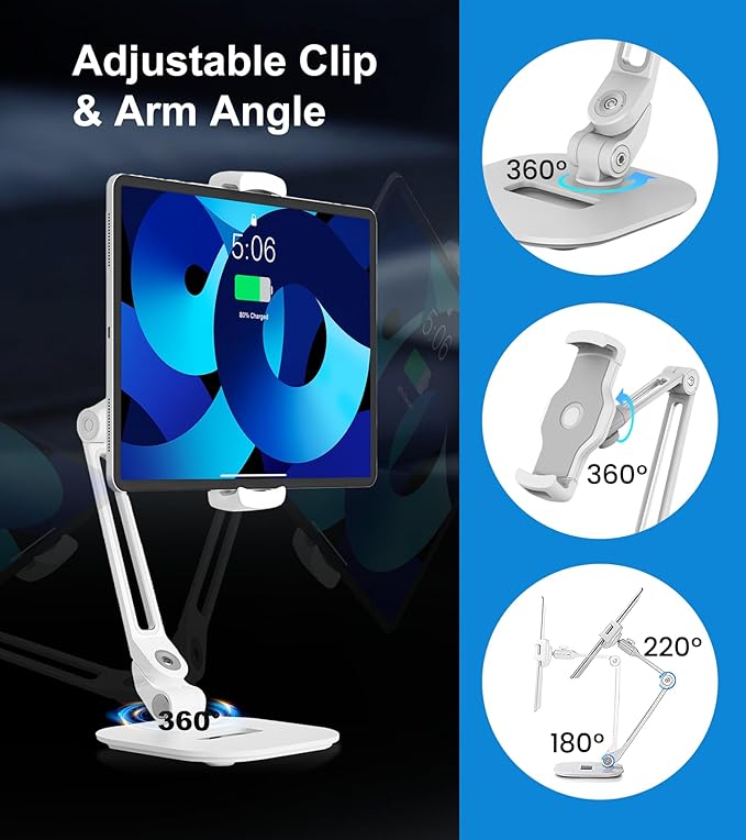 Adjustable Desk Tablet Stand, 360° Swivel iPad Kiosk Stand Fits for 4.7"-12" iPad Air mini Pro, iPhone, Samsung POS, Kindle, Aluminu Alloy Foldable Arm Holder for Store Kitchen Desktop, White