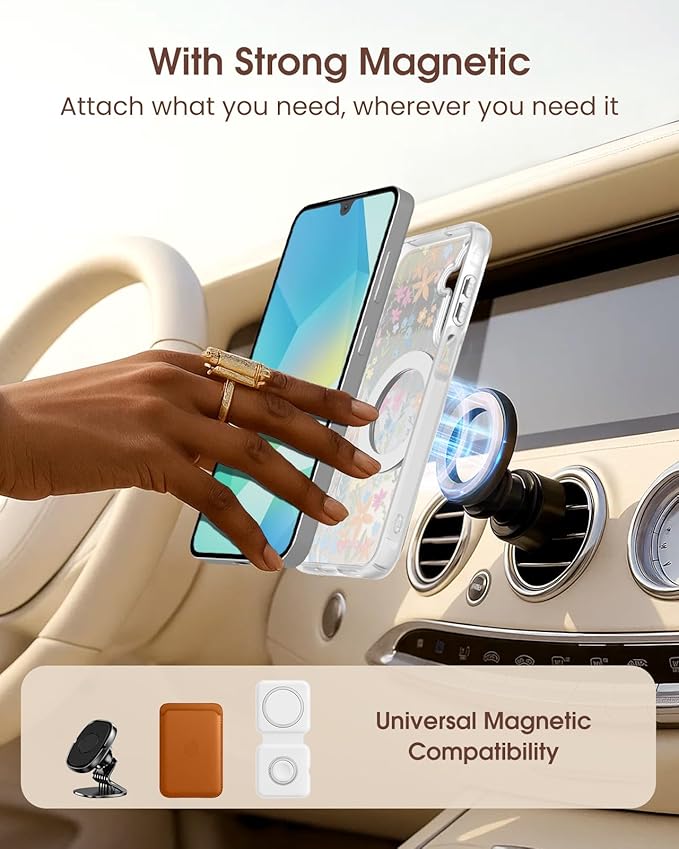 for Samsung Galaxy A16 4G/5G Case with 360° Rotatable Magnetic Ring - Semi-Transparent Anti-Fingerprint Soft-Touch Material Shockproof, Cute Colors Flower Design for Women Girl