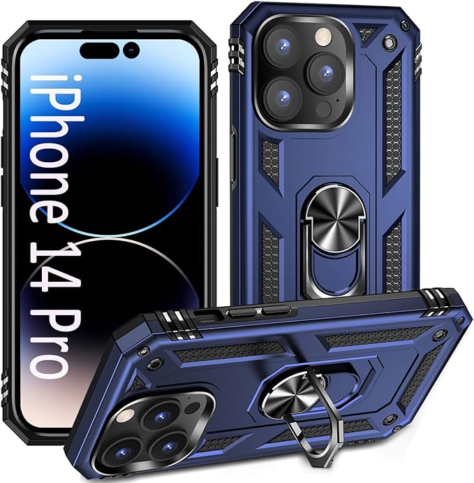 ADDIT Phone Case for iPhone 14 Pro Case,with Kickstand Ring,Adjustable Stand,Military Grade,Heavy Duty Protection,Shockproof,Anti-Fingerprint,Support Magnet Car Mount,Blue
