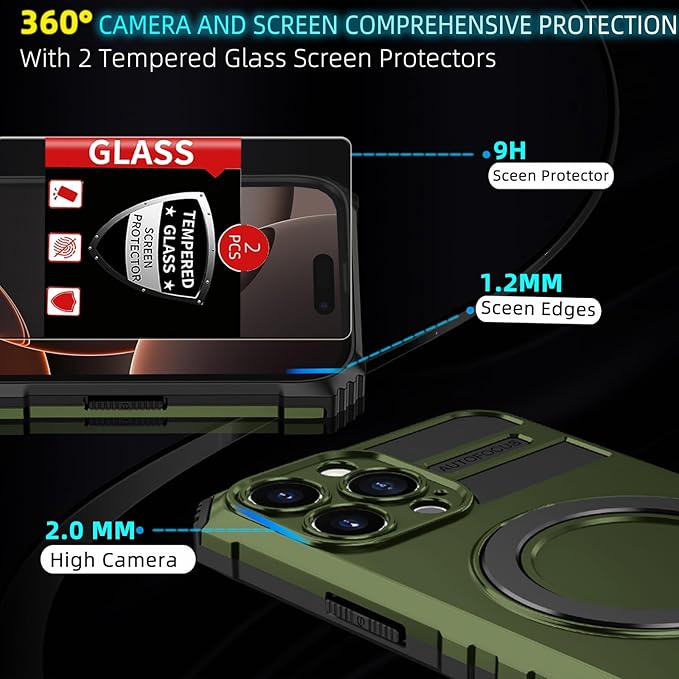 for iPhone 16 Pro Case Magnetic Compatible with MagSafe Wireless Charging,with 2 Screen Protector,with Kickstand Ring Shockproof Shock-Absorbent Heavy Duty Protection Scratch Resistant Green