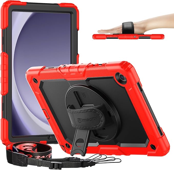 Timecity Case for Samsung Galaxy Tab A9 Plus 11'' 2024 (SM-X210/X216/X218), Full-Body Shockproof Protection Case with Screen Protector, 360° Rotating Stand, Hand Strap Case for A9 Plus Tablet- Red