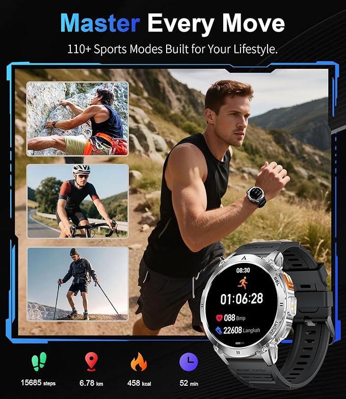 Smart Watches for Men Answer/Make Call, 1.62" AMOLED/730mAh Battery/LED Flashlight Military Smartwatch, 110+ Sports Modes IP68 Waterproof Fitness Tracker for Android iOS Silver