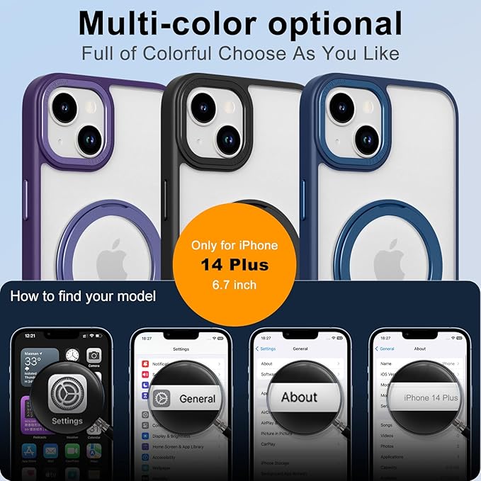 ZIYE Magnetic Case for iPhone 14 Plus Case with Stand [Compatible with MagSafe] Slim Shockproof Military Grade Heavy Duty Cover with 360 Rotatable Ring Kickstand for Women Men, Translucent Black