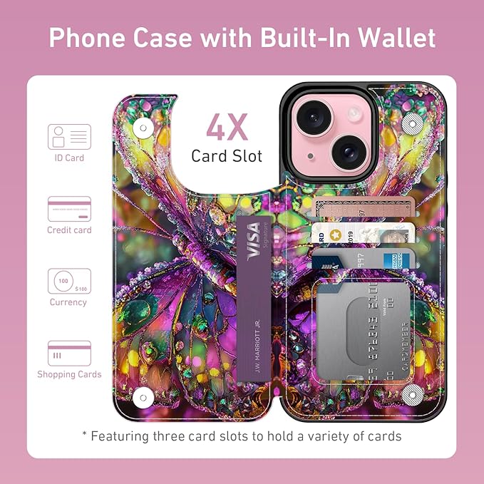 FUNMIKO for iPhone 14 Plus Wallet Case with Card Holder, RFID-Blocking, Military-Grade Protection & UV-Printed Artwork, Magnetic Closure with Leather Kickstand - Vibrant Elegant Butterfly