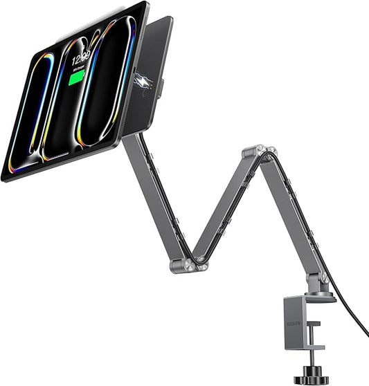 LULULOOK [Upgrade] Magnetic Wireless Charging Stand for iPad Pro 11" M4(2024) Only, Rock Steady iPad Stand for Desk with Foldable Aluminum Alloy Arm, Adjustable Tablet Mount with 2M Braided Cable