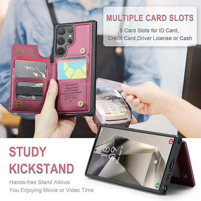 Vinich for Samsung Galaxy S24 Ultra Wallet Case with Card Holder, RFID Blocking Credit Slots Kickstand Shockproof Phone Cover for Women Men, Wine Red