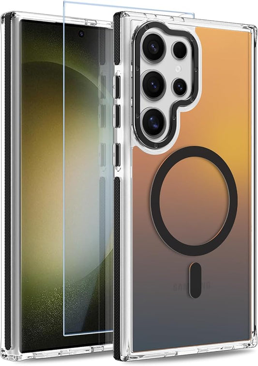 MOWIME Magnetic Case for Samsung Galaxy S23 Ultra [Compatible with Magsafe] [Cute Fashion Fluorescent Design] [1 Screen Protector] Slim Translucent Matte Case for Galaxy S23 Ultra 6.8", Black