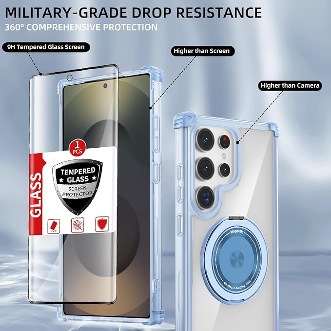 for Samsung Galaxy S25 Ultra Case Compatible with MagSafe Magnetic,with Screen Protector,with Kickstand Ring Military Grade Drop Heavy Duty Protection Shockproof for S25 Ultra Phone Case Blue