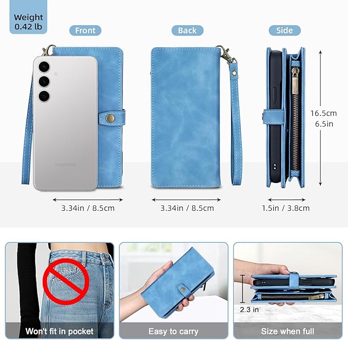 TwoHead for Samsung Galaxy S24 Plus Wallet Case with Card Holder,Detachable Magnetic Phone Case for Galaxy S24 Plus,PU Leather All-Round Protective Phone Cover Wallet with Strap(6.6 in,Sky Blue)
