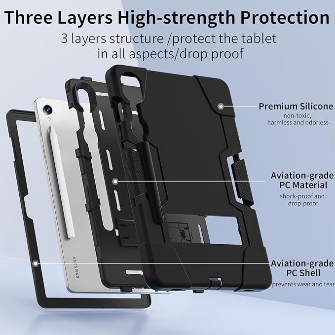 case for Galaxy Tablet S9 FE & S9 2023 (SM-X710/X718U/X716B/X510/X516B), Soft Silicone & Hard Pc 3-Layer Military Protector Cover for Tab S10 FE S8 S7 with S-Pen Holder Stand caseblack+Black