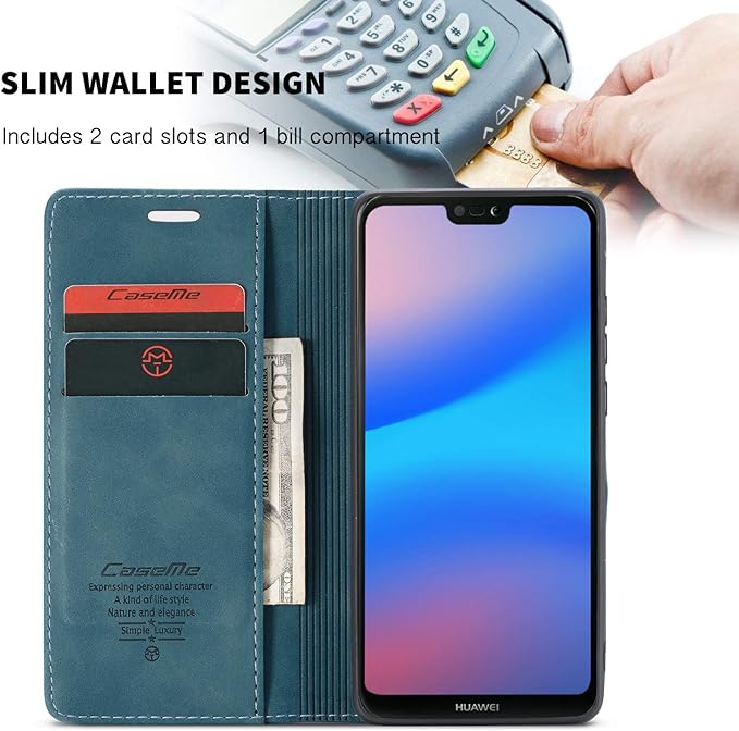 for Huawei P20 Lite Case, Flip Wallet Leather Case with Card Holder Magnetic Closure Shockproof Kickstand Protective Phone Cases Cover for Huawei P20 Lite,Blue-Green