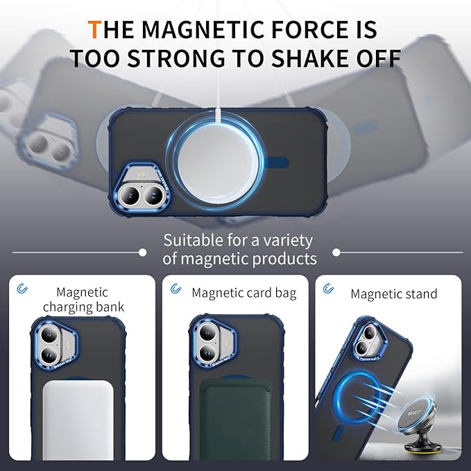 Magnetic for iPhone 16 Case Blue with MagSafe Wireless Charging Heavy Duty Military-Grade Shockproof Protection Adjustable Kickstand Slim Matte Anti-Fingerprint Cover Men Women
