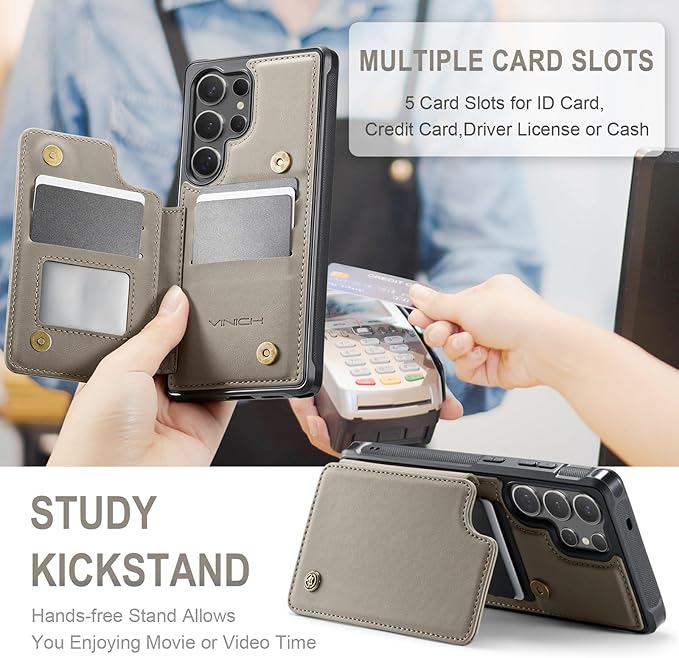 Vinich for Samsung Galaxy S25 Ultra Wallet Case with Card Holder, RFID Blocking Credit Slots Kickstand Shockproof Phone Cover for Women Men, Gray