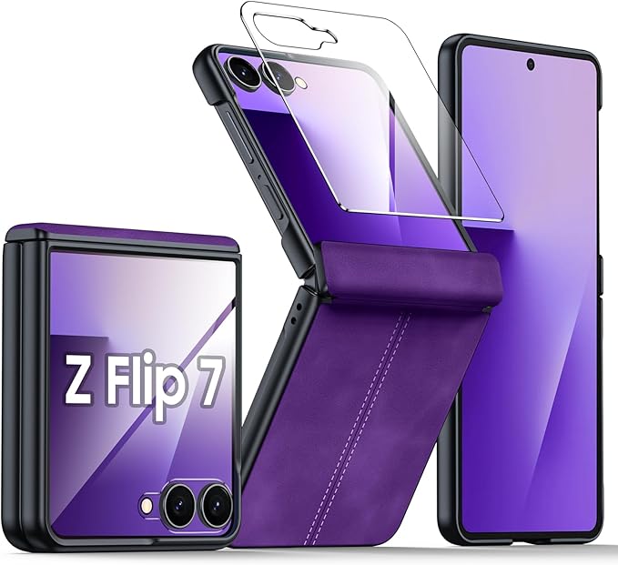 for Samsung Galaxy Z Flip 7 Case with Hinge Protection & Built-in Screen Protector, Ultra Thin Stylish Leather Matte PC Durable Shockproof Cover Phone Case for Galaxy Z Flip 7-Purple