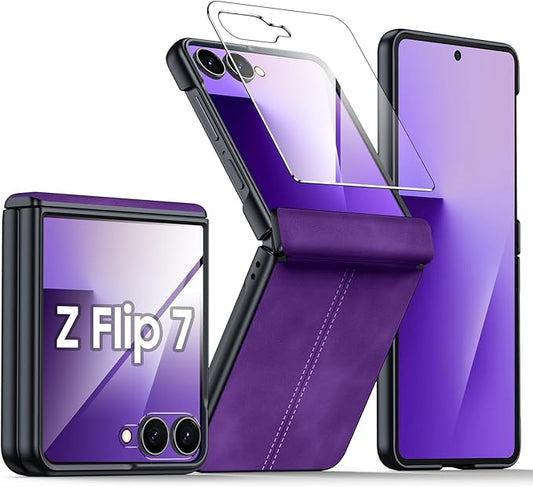 for Samsung Galaxy Z Flip 7 Case with Hinge Protection & Built-in Screen Protector, Ultra Thin Stylish Leather Matte PC Durable Shockproof Cover Phone Case for Galaxy Z Flip 7-Purple