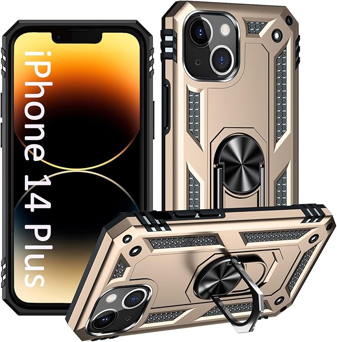 ADDIT Phone Case for iPhone 14 Plus Case,with Kickstand Ring,Adjustable Stand,Military Grade,Heavy Duty Protection,Shockproof,Anti-Fingerprint,Support Magnet Car Mount,Gold