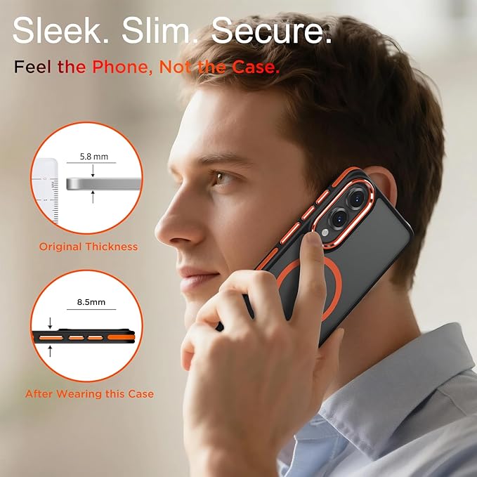 Case for Samsung Galaxy S25 Edge, Fits for Magsafe, Anti-Scratch Translucent Matte Cover [Non-Slip Grip], Color Hybrid Magnetic Phone Case for Galaxy S25 Edge, Drop Resistant (Black/Orange)