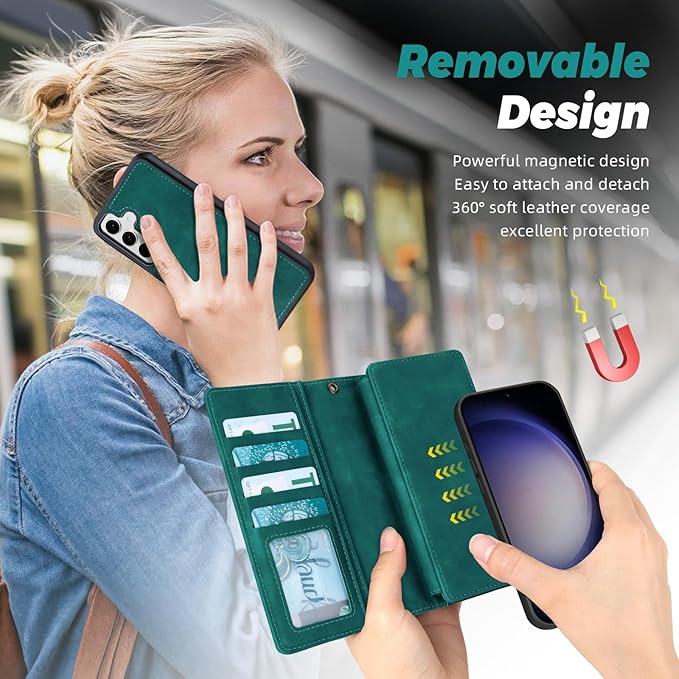 TwoHead for Samsung Galaxy S23 Wallet Case with Card Holder & Detachable Magnetic Phone Case for Galaxy S23,PU Leather Shockproof Protective Phone Cover Wallet with Wrist Strap(6.1 in,Green)