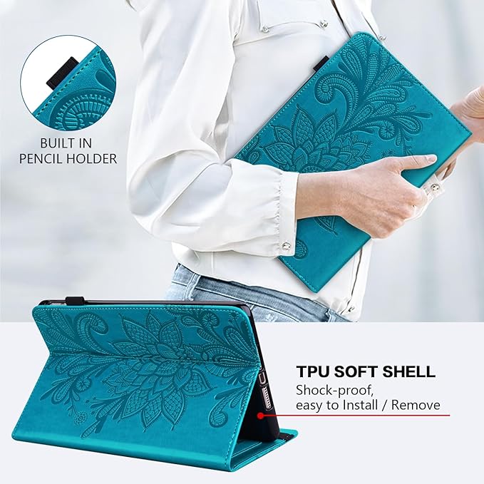 Case for Lenovo Tab M11 (TB-330FU/330XU) 11" 2024, Embossed Lace PU Leather Flip Folio Stand Cover Case with Elastic Band Card Slots Pen Holder & Multiple Viewing Angles- Blue
