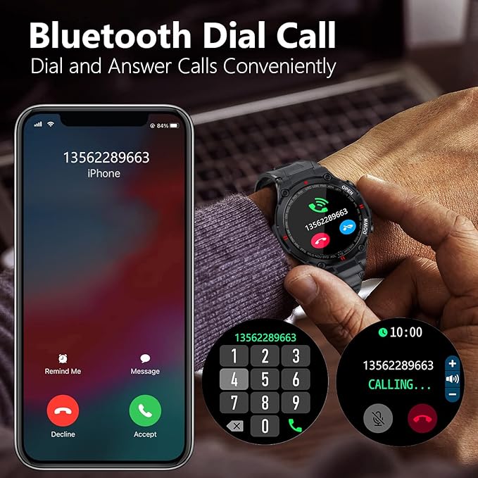 1.28" IPS Tactical Smart Watch for Men Activity Fitness Tracker with 400mAH Large Battery Outdoor Bluetooth Call Heart Rate Sleep Monitor Pedometer IP68 Waterproof Sport Watch for Android iOS