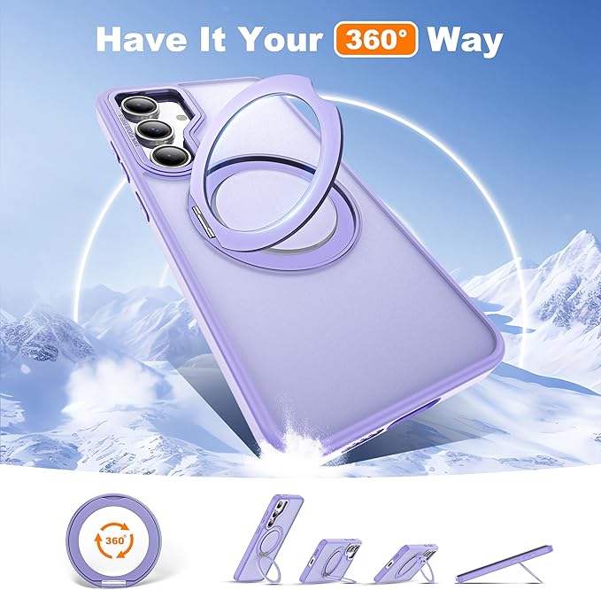 for Samsung Galaxy S23 FE Case with 360° Rotatable Magnetic Ring Stand Compatible with Mag-Safe Military Protection Shockproof Matte Translucent Phone Case for Galaxy S23 FE,Purple