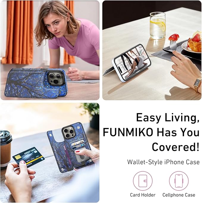 FUNMIKO for iPhone 14 Pro Max Wallet Case with Card Holder, RFID-Blocking, Military-Grade Protection & UV-Printed Artwork, Magnetic Closure with Leather Kickstand - Dreamy Wishing Tree