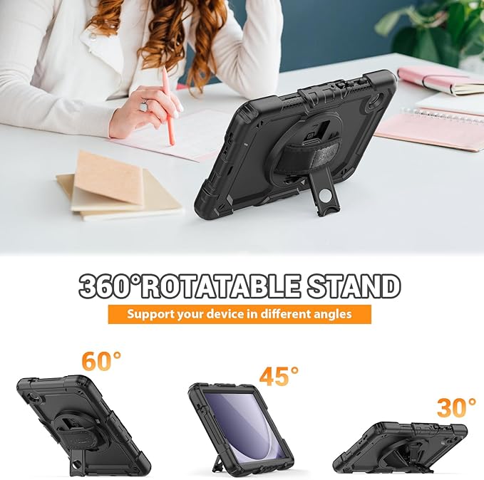 SEYMAC for Samsung Galaxy Tab A9 Case 8.7 Inch 2023 (SM-X110/X115/X117), Heavy Duty Shockproof Protective Case with Screen Protector, Rotating Stand, Hand/Shoulder Strap and Pen Holder, Black