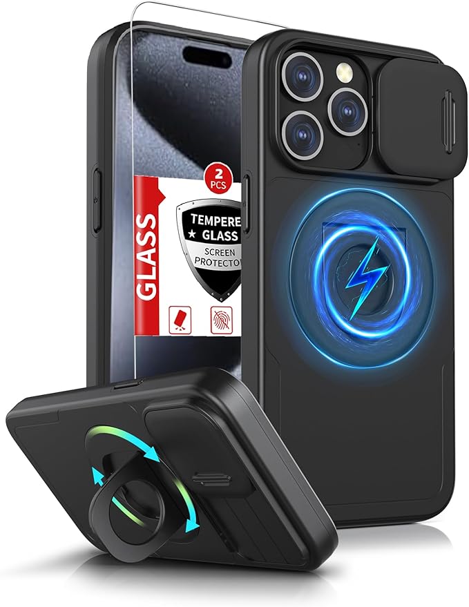 for iPhone 15 Pro Case Magnetic Compatible with MagSafe Wireless Charging with 2 Screen Protectors,Built-in Kickstand Ring Camera Heavy Duty Protection Military Grade Drop Shockproof Black
