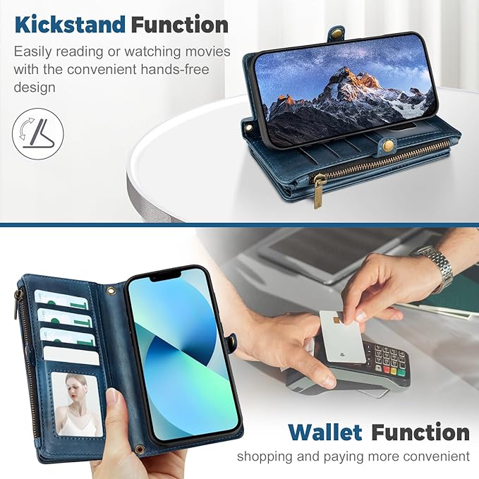 for iPhone 13 Wallet Phone Case with 7 Card Holder,RFID Blocking | PU Leather | Kickstand | Flip | Wrist Strap&Shoulder Strap | Shockproof | Zipper Wallet | Women Men | 6.1" | Blue