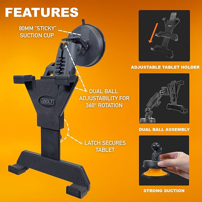 iBOLT TabDock BizMount Heavy Duty Tablet Mount with Suction Cup Base – Universal 7"-10" Holder for Trucks, Vans, SUVs, Aviation & Work Vehicles – Dashboard, Windshield, or Desk Compatible
