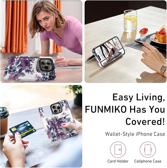 FUNMIKO for iPhone 13 Pro Wallet Case with Card Holder, RFID-Blocking, Military-Grade Protection & UV-Printed Artwork, Magnetic Closure with Leather Kickstand - Elegant Purple Floral