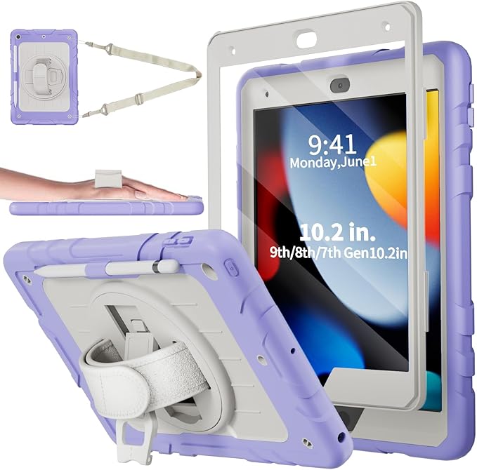 Case for iPad 9th/8th/7th Generation-Built-in Screen Protector,with Pencil Holder&360°Rotating Hand Strap,Shoulder Strap,Case for iPad 10.2 inch 2021-2019(Purple/Beige)
