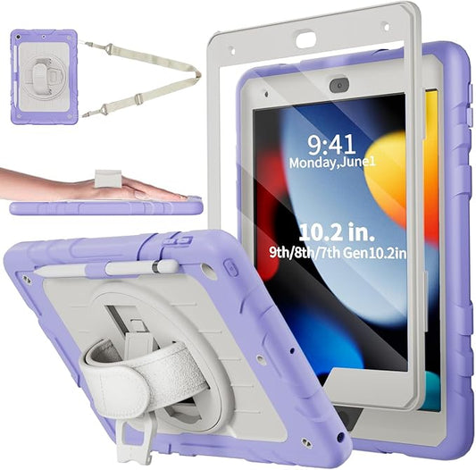 Case for iPad 9th/8th/7th Generation-Built-in Screen Protector,with Pencil Holder&360°Rotating Hand Strap,Shoulder Strap,Case for iPad 10.2 inch 2021-2019(Purple/Beige)