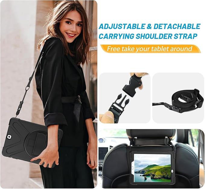 Galaxy Tab S2 9.7 Case - Dropproof Shockproof Heavy Duty Tablet Cover Rotatable Kickstand Handle Stand Hand Strap Shoulder Belt Carrying Case for Samsung SM-T810/T813/T815/T817/T818/T819 9.7" Black