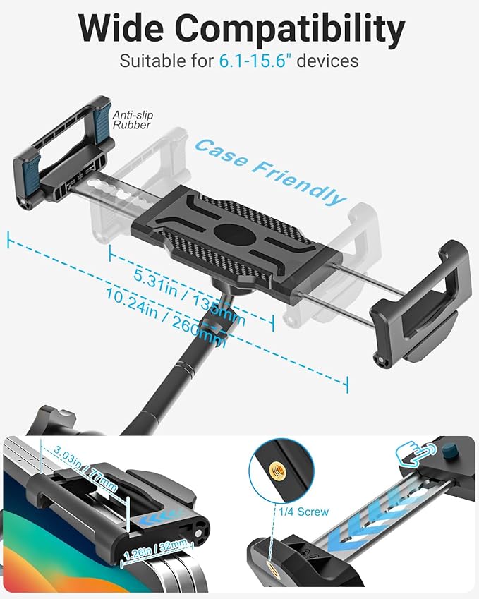 Metal Desk Tablet Mount, Fit for 6.1-15.6" Devices, Adjustable Phone Stand for Kitchen, Cabinet, Table, with 360° Foldable Rotation Aluminum Arm, Compatible with iPad Pro/Air/Mini, Galaxy Tab