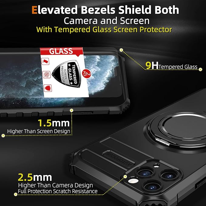 for iPhone 11 Pro Max Case Magnetic Compatible with MagSafe,with 2 Screen Protector,Built-in Camera Cover+Kickstand Ring,Military Grade Drop Shockproof Heavy Duty Protection Phone Bumper Black